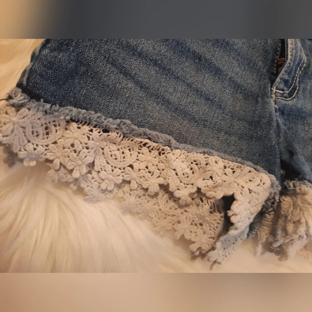 Denim Jean Shorts - White Crochet Trim Jordacie - Girls Size 8
